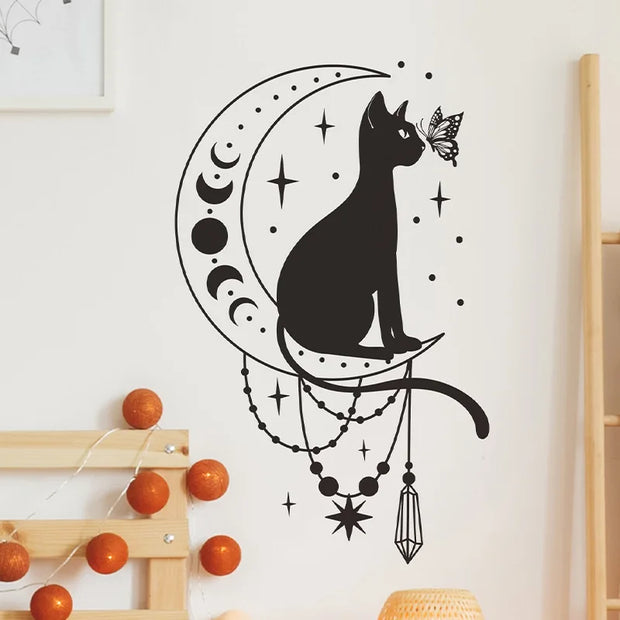 Cartoon Cat Butterfly Moon Wall Sticker – Elegant Home Decor-Sevenedge Perfect Gifts