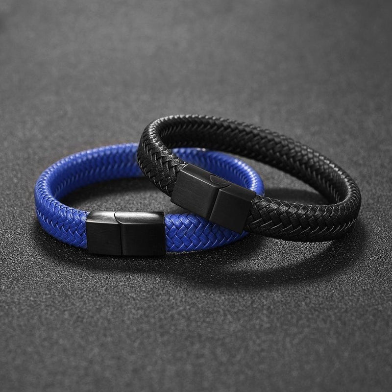 Men's Braided Leather Bracelet · Black/Blue Braided · Stainless Steel · Wrap Shiluette · 21 cm · Jewelry Accessory Gift · Marcus · A Few Wood Men
